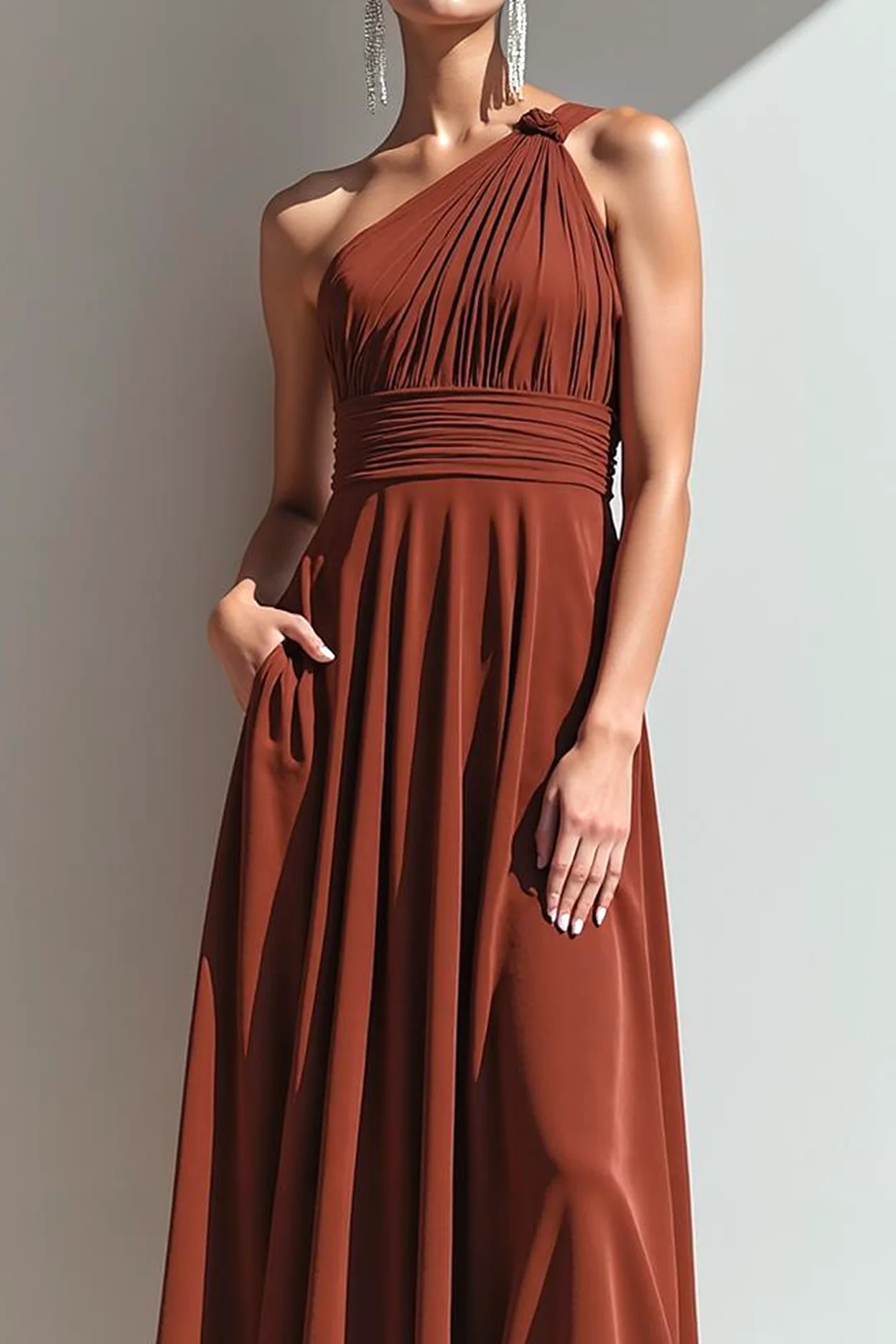 Robe de soirée maxi trapèze à une épaule en terre cuite avec poche - Image 2