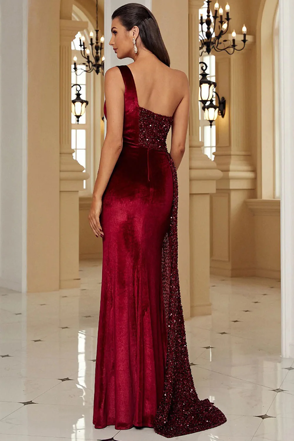 Robe de soirée noire à paillettes à une épaule avec fente - Image 5