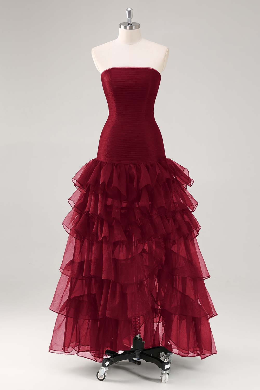 Robe de soirée noire sans bretelles en tulle à volants - Image 5