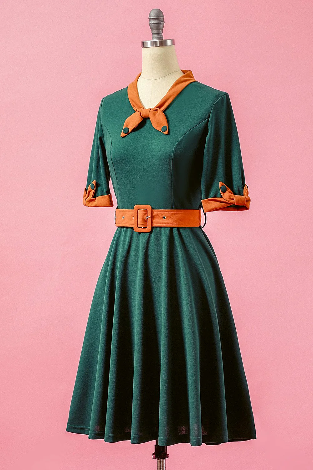 Robe de Soirée Patchwork Trapèze Verte à Col en V - Image 6