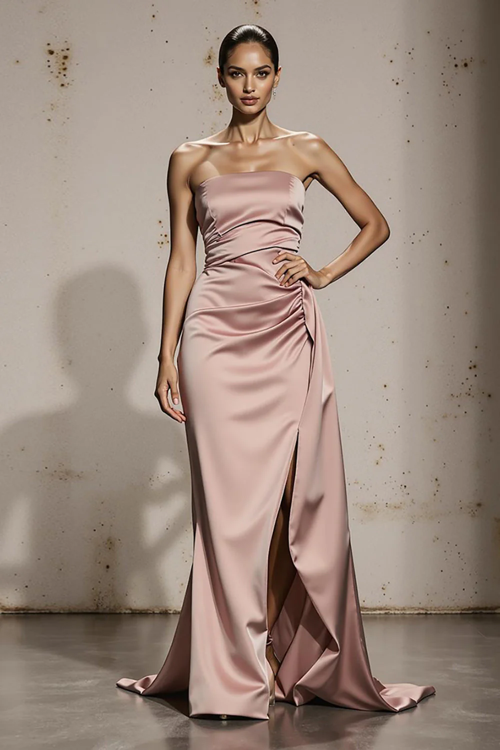 Robe de soirée sans bretelles rose clair à épaules dénudées