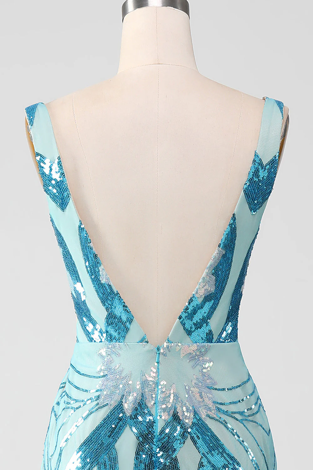 Robe de soirée sirène à col en V bleu pailleté avec paillettes - Image 5
