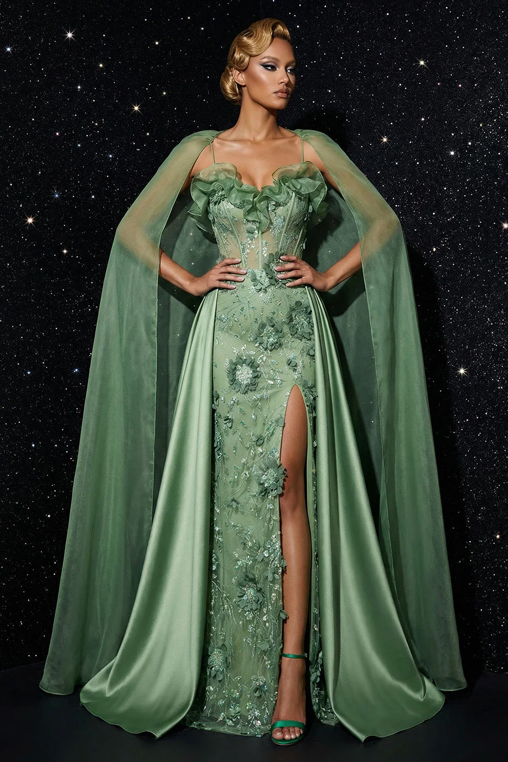 Robe de soirée sirène à volants à brides fines fines vertes broderie, corset à volants