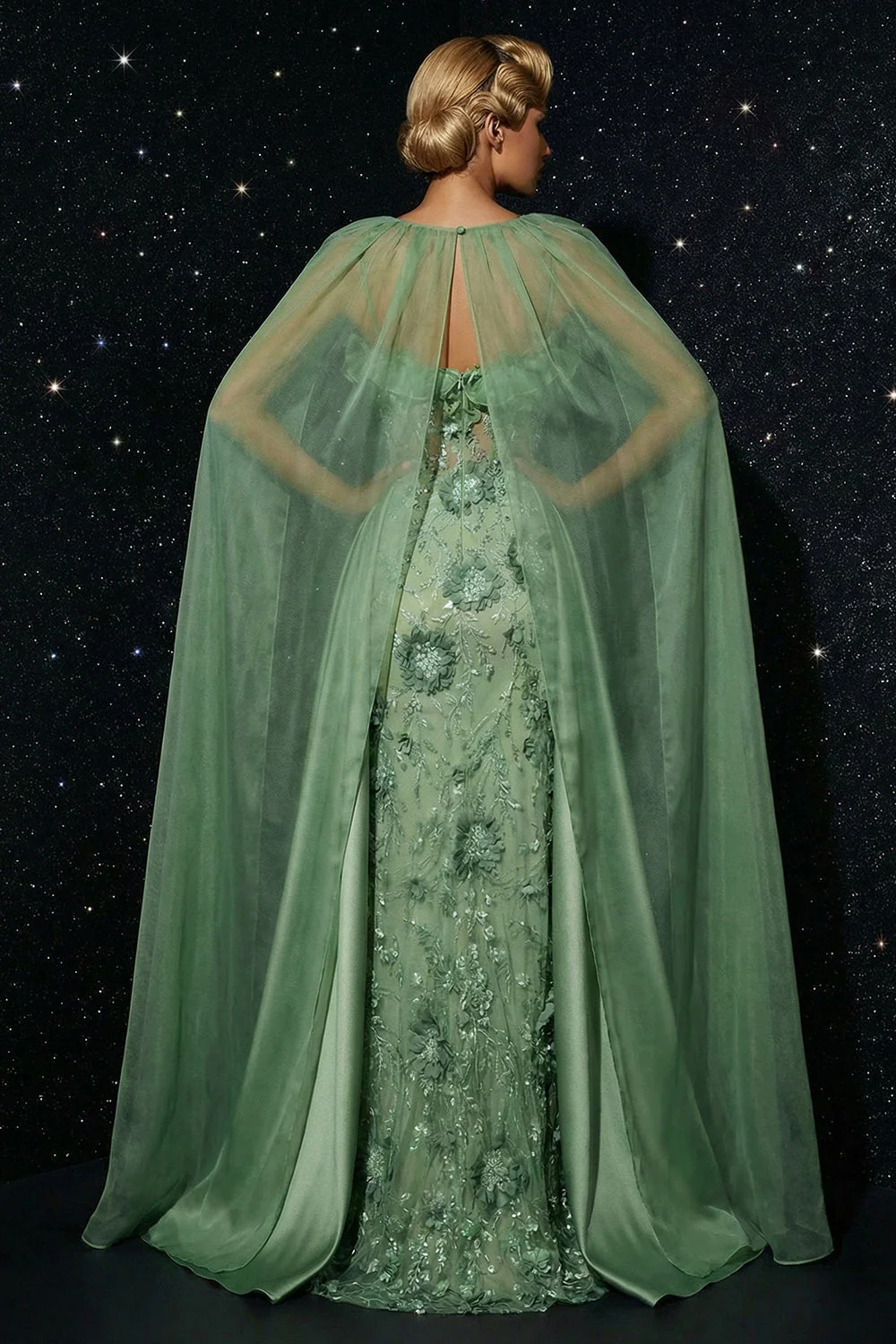 Robe de soirée sirène à volants à brides fines fines vertes broderie, corset à volants - Image 2