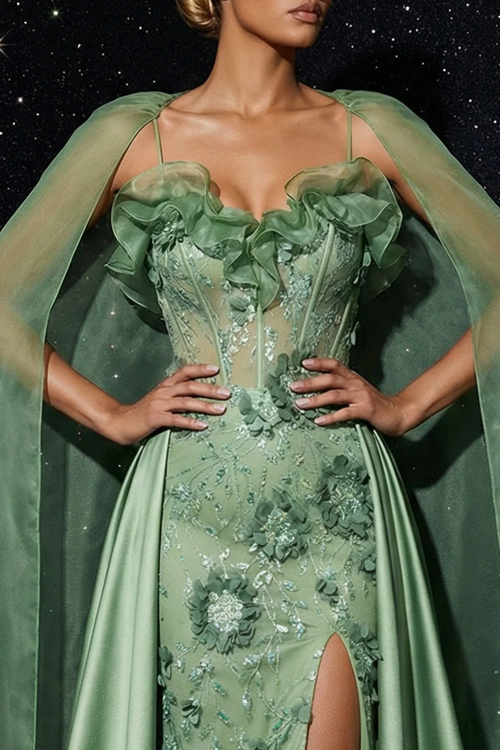 Robe de soirée sirène à volants à brides fines fines vertes broderie, corset à volants - Image 4