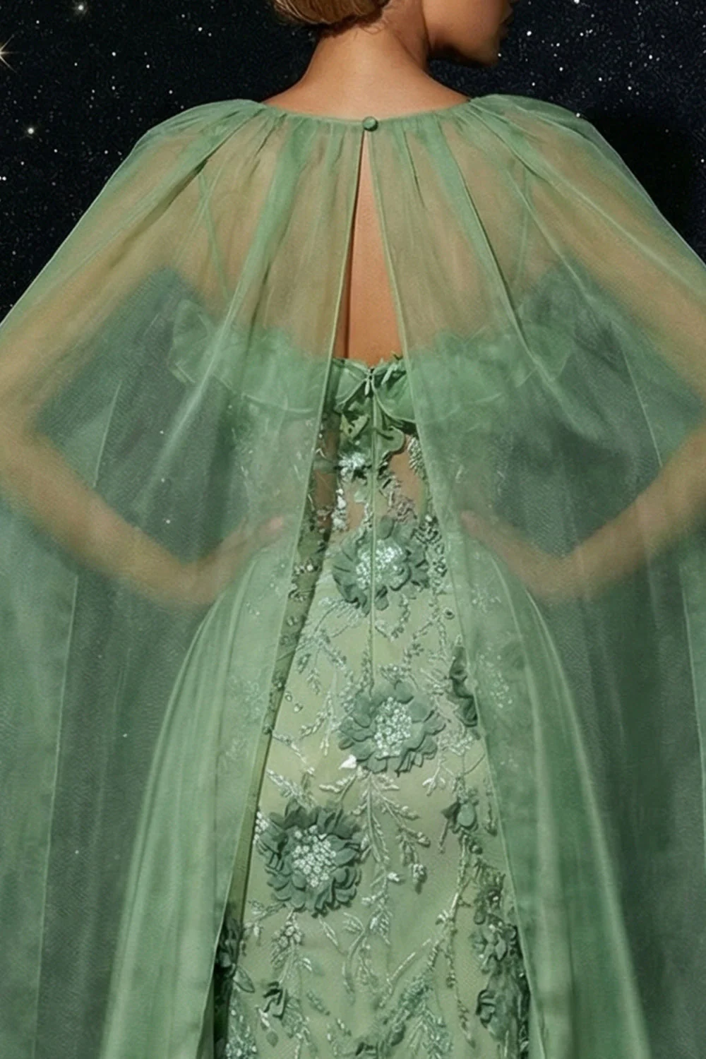Robe de soirée sirène à volants à brides fines fines vertes broderie, corset à volants - Image 5