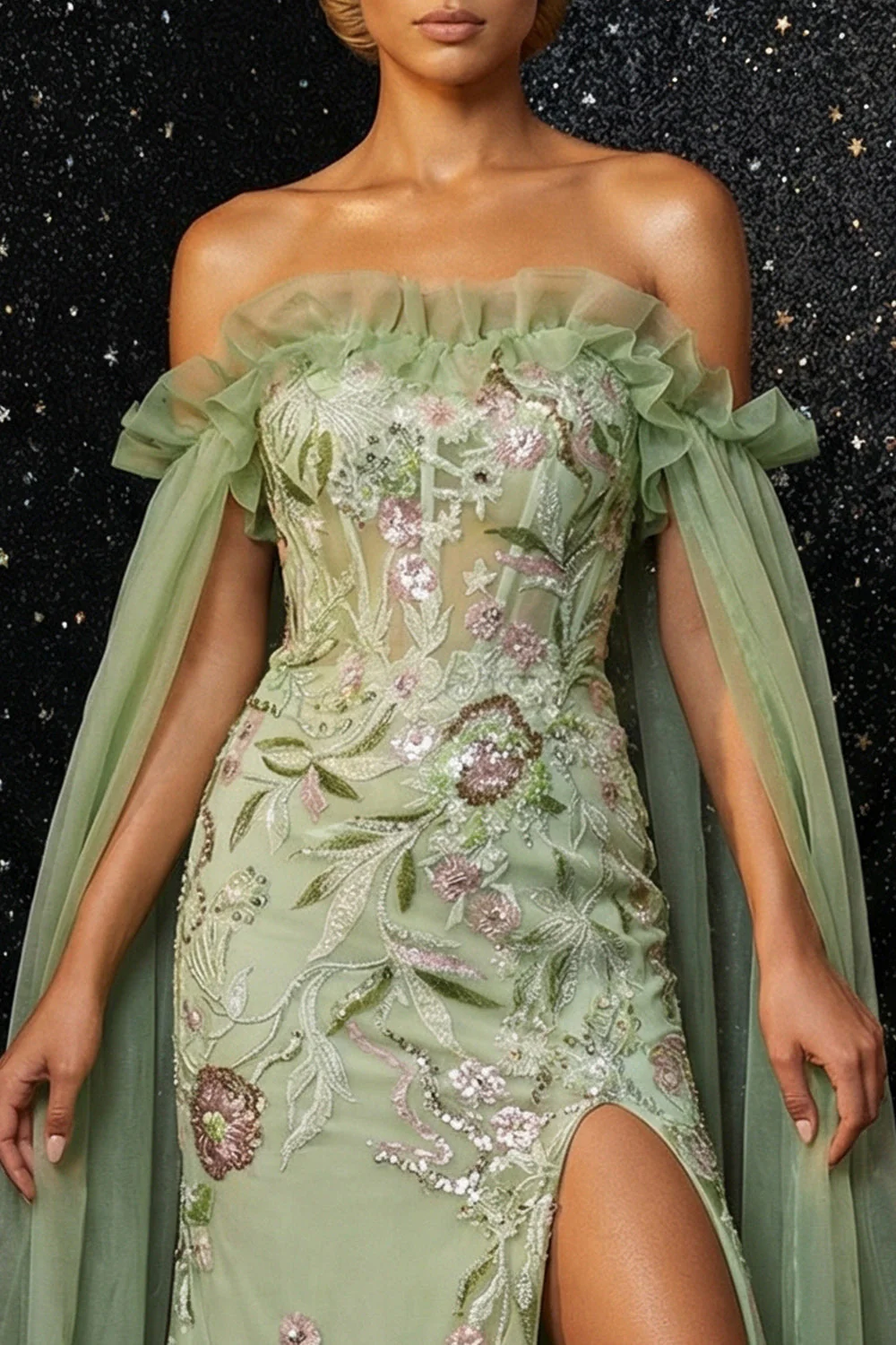 Robe de soirée Sirène brodée broderie verte à volants et fente - Image 2