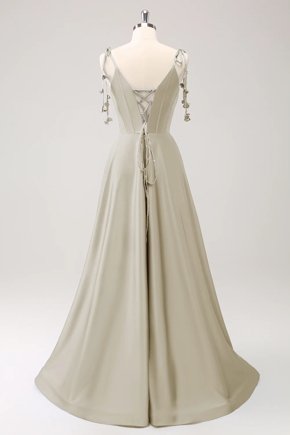 Robe de soirée trapèze Bleu poussiéreux en satin à bretelles spaghetti et fente - Image 10