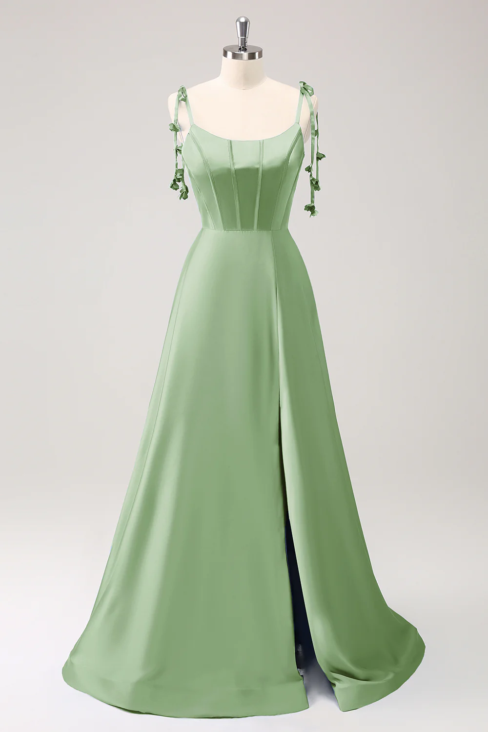 Robe de soirée trapèze Bleu poussiéreux en satin à bretelles spaghetti et fente - Image 3