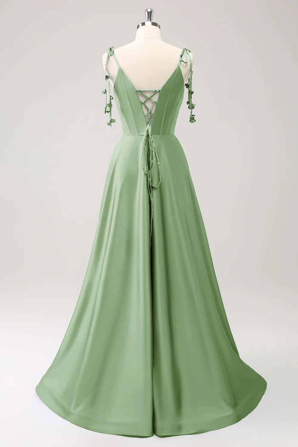 Robe de soirée trapèze Bleu poussiéreux en satin à bretelles spaghetti et fente - Image 4
