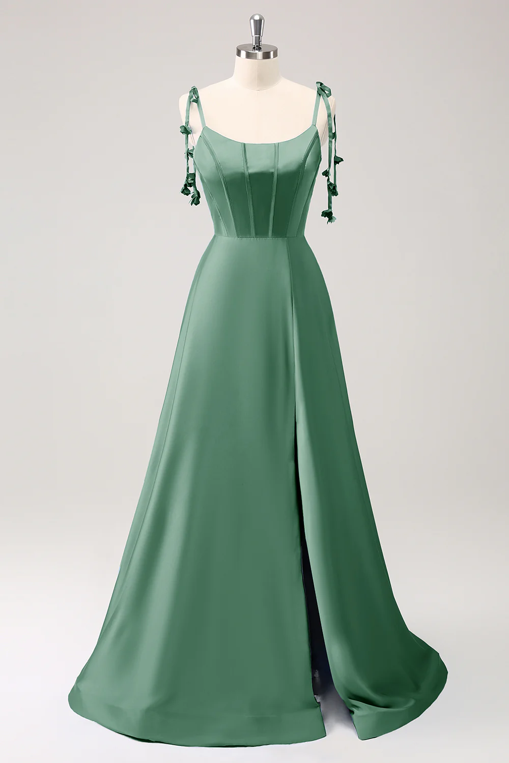 Robe de soirée trapèze Bleu poussiéreux en satin à bretelles spaghetti et fente - Image 5