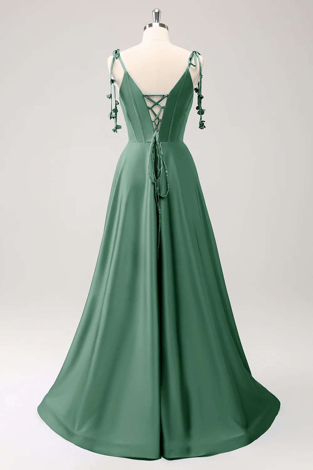 Robe de soirée trapèze Bleu poussiéreux en satin à bretelles spaghetti et fente - Image 6