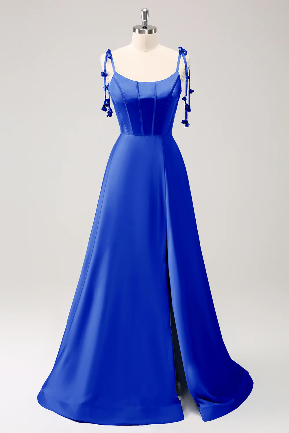 Robe de soirée trapèze Bleu poussiéreux en satin à bretelles spaghetti et fente - Image 7