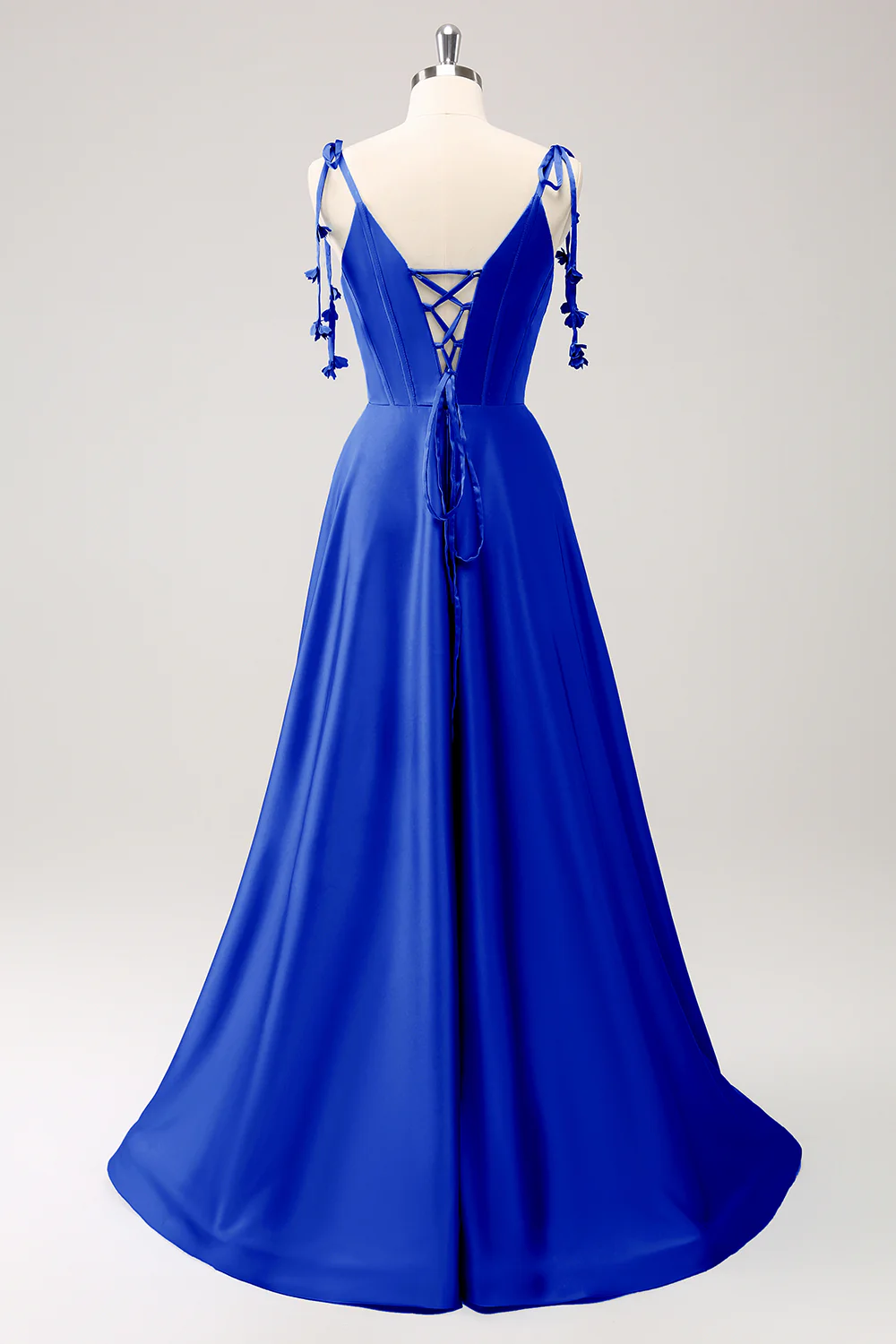 Robe de soirée trapèze Bleu poussiéreux en satin à bretelles spaghetti et fente - Image 8