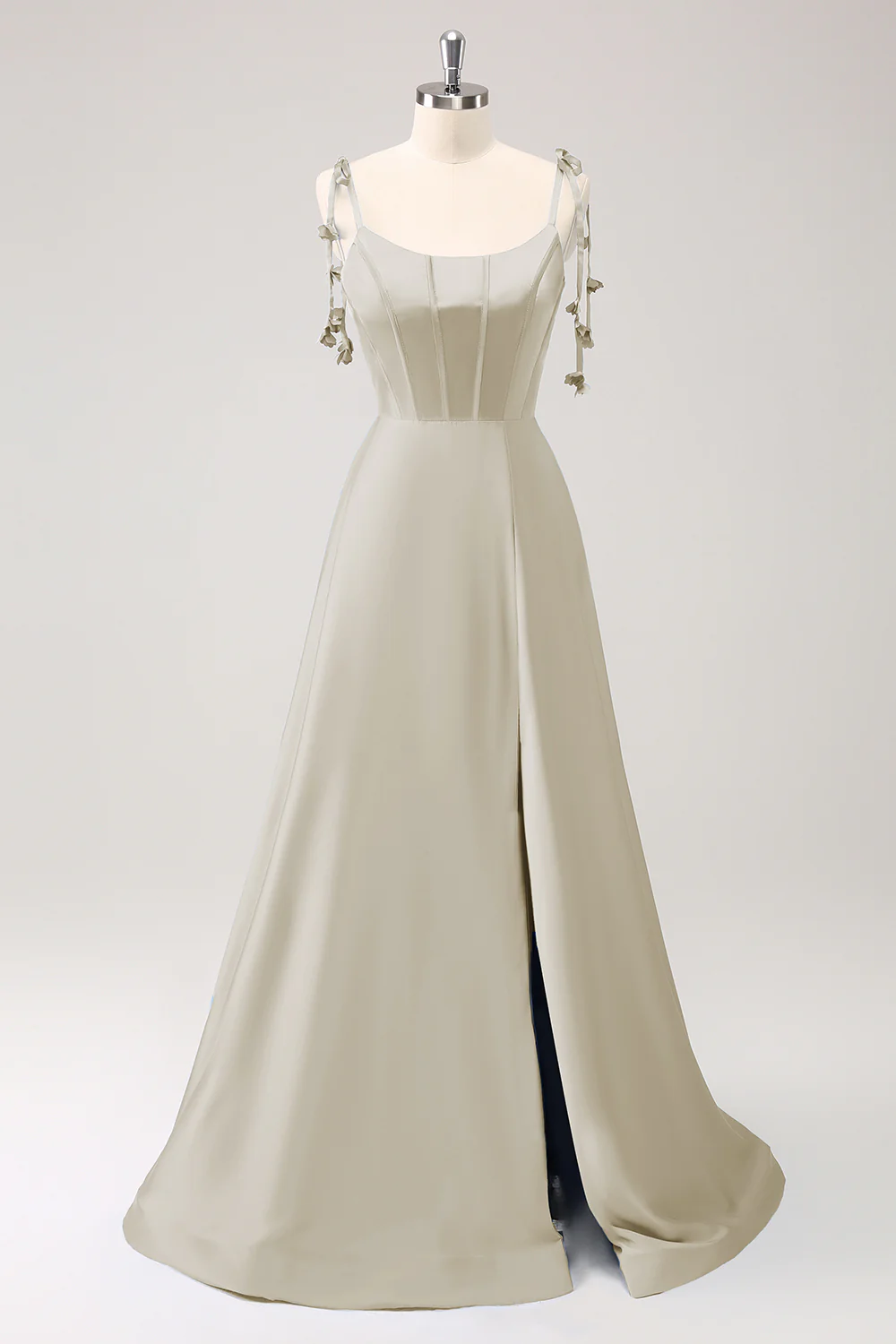 Robe de soirée trapèze Bleu poussiéreux en satin à bretelles spaghetti et fente - Image 9