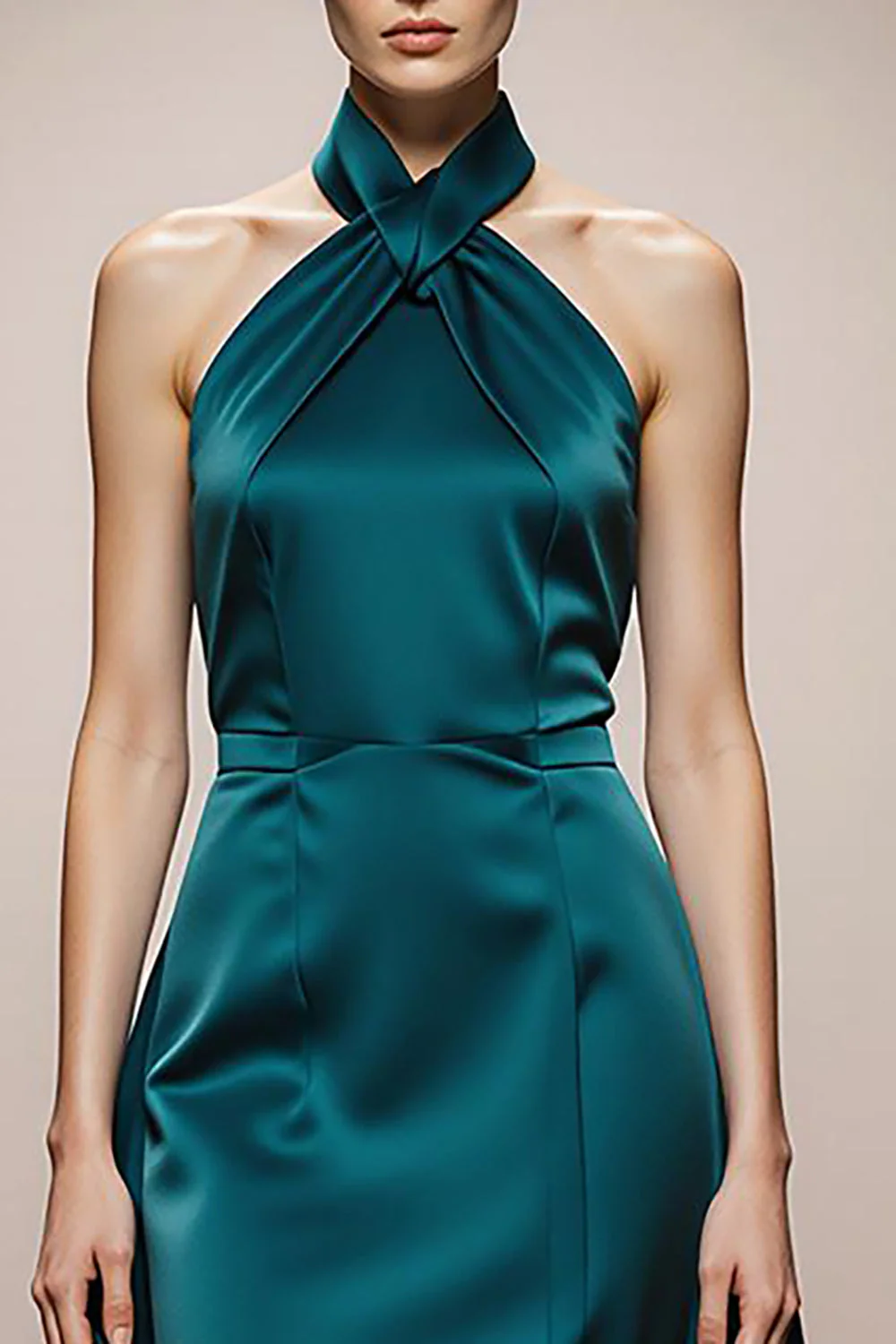 Robe de soirée trapèze dos nu en satin vert foncé - Image 3