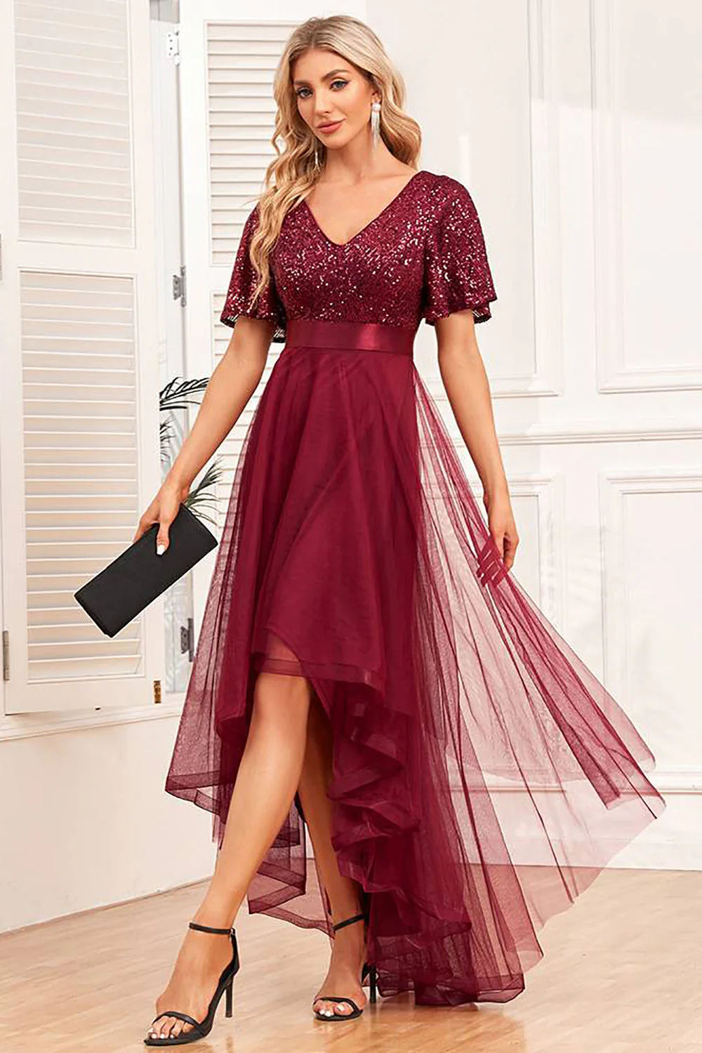 Robe de soirée trapèze haute-basse bordeaux avec paillettes - Image 3