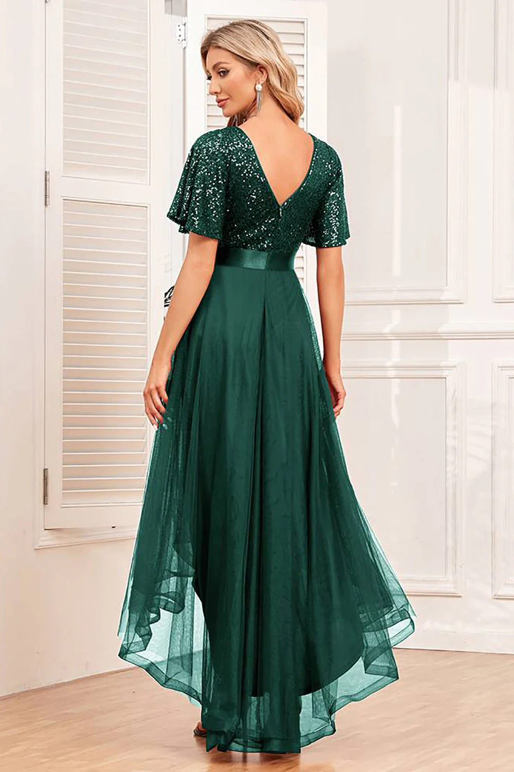 Robe de soirée trapèze haute-basse bordeaux avec paillettes - Image 6