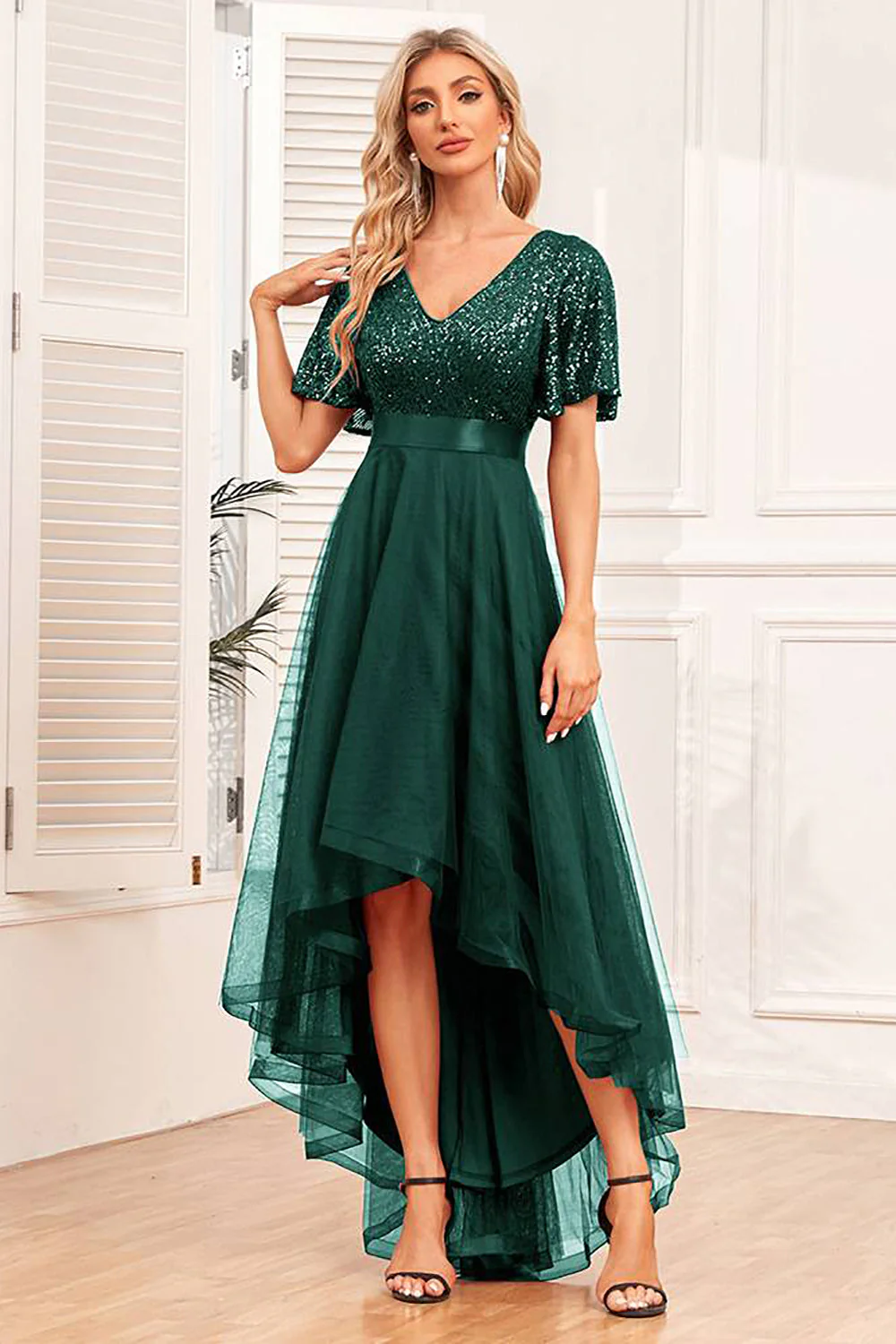 Robe de soirée trapèze haute-basse bordeaux avec paillettes - Image 8