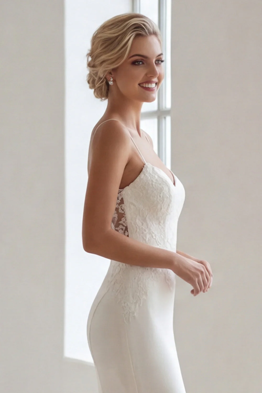 Robe de train en satin sirène à bretelles en ivoire avec dentelle - Image 4