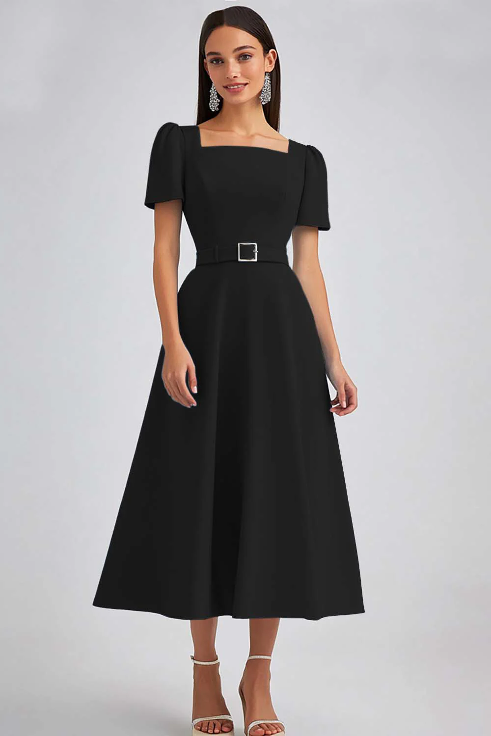Robe de travail à col carré bleu ciel avec ceinture - Image 5