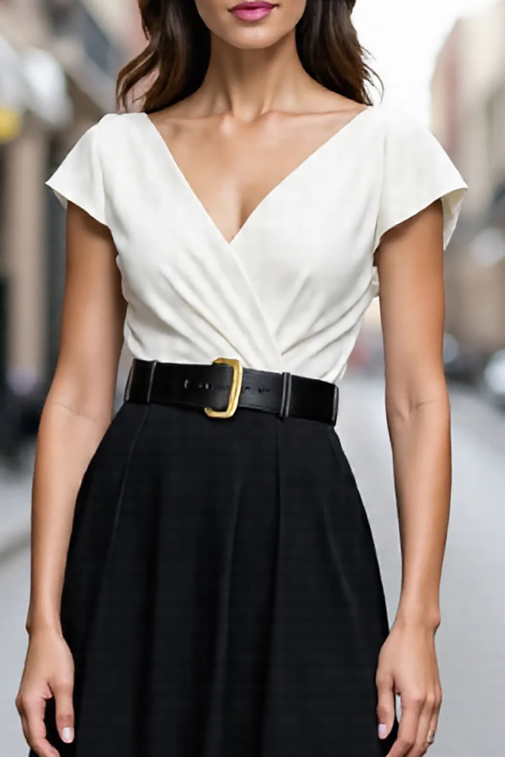 Robe de travail à col en V avec ceinture en satin midi ivoire et noir - Image 3
