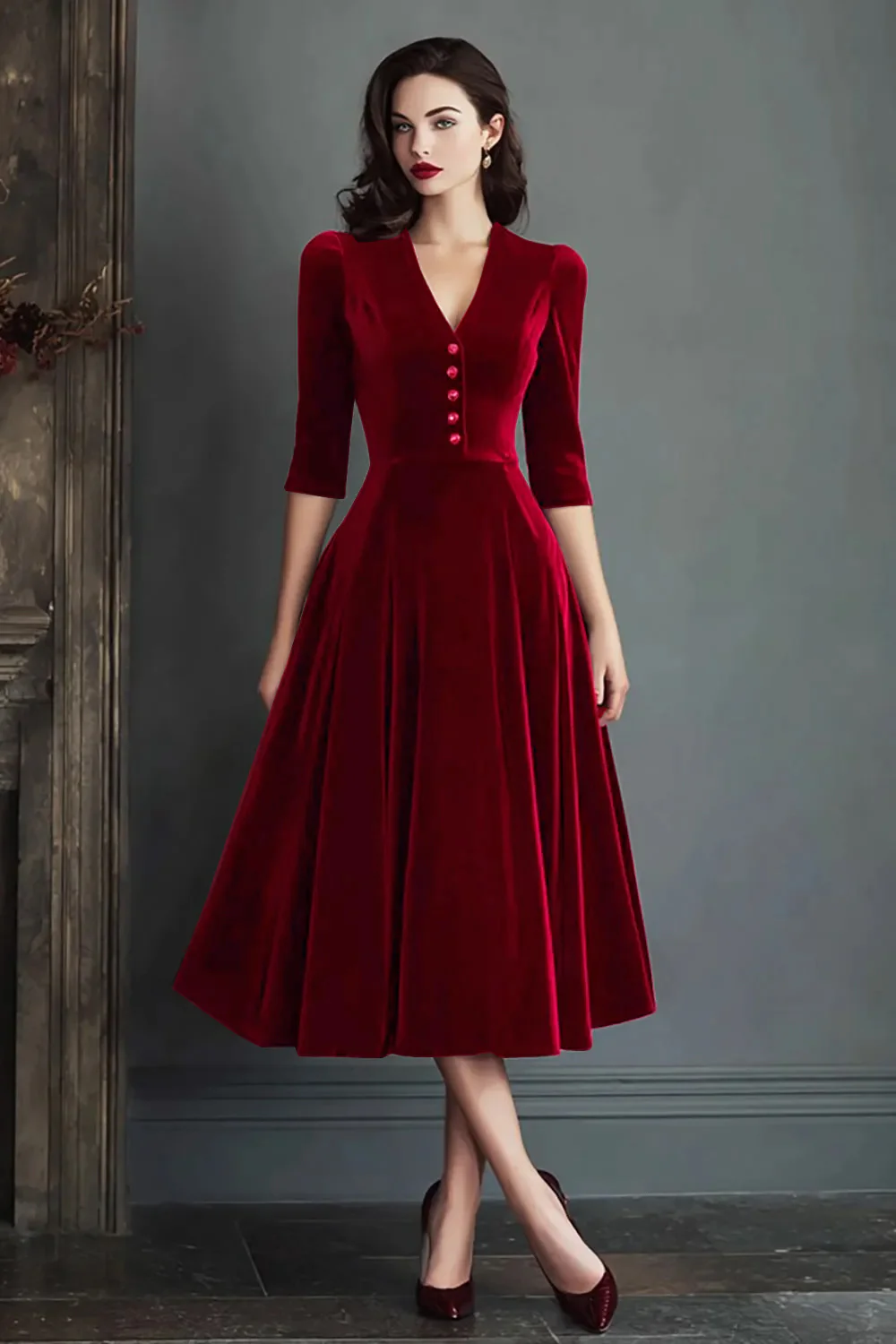 Robe de travail à col en V en velours bordeaux à demi-manches