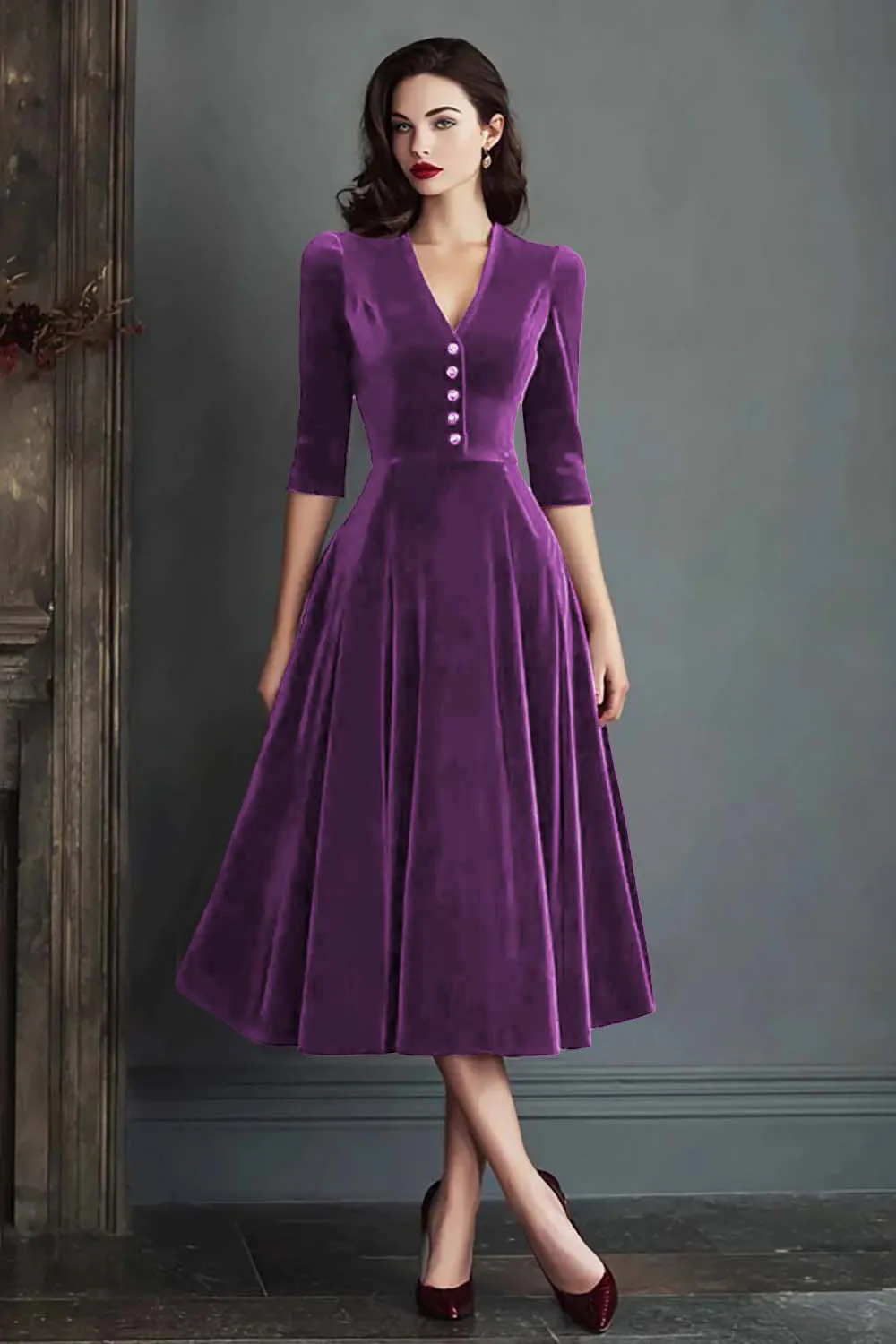 Robe de travail à col en V en velours bordeaux à demi-manches - Image 10