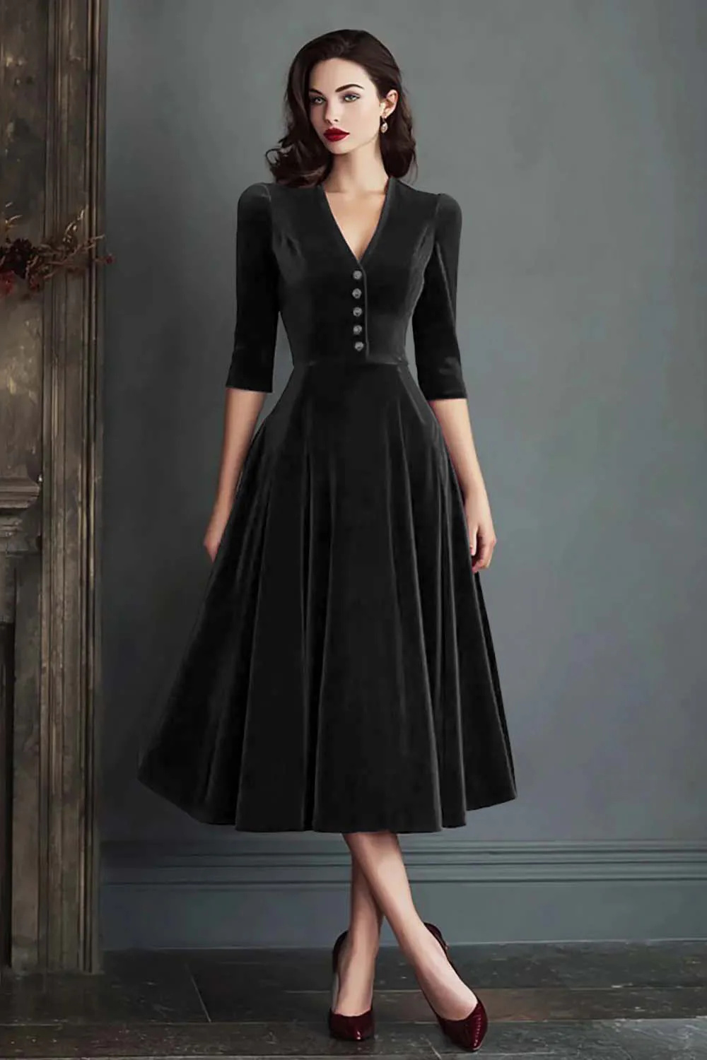 Robe de travail à col en V en velours bordeaux à demi-manches - Image 14