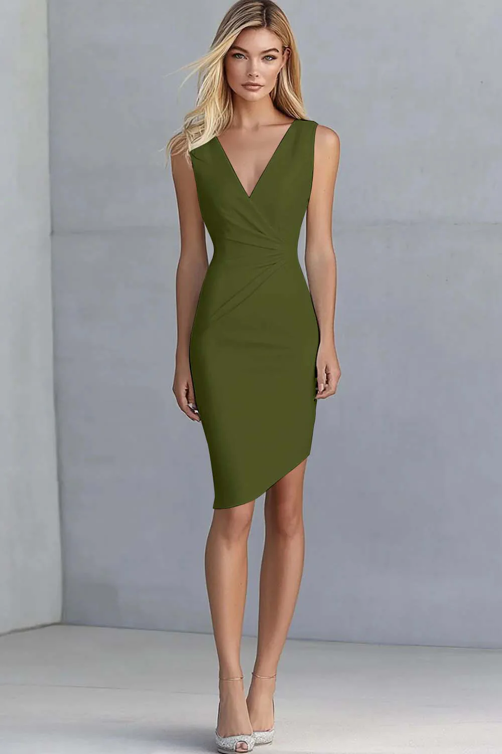 Robe de travail asymétrique moulante en satin ivoire à col en V - Image 14