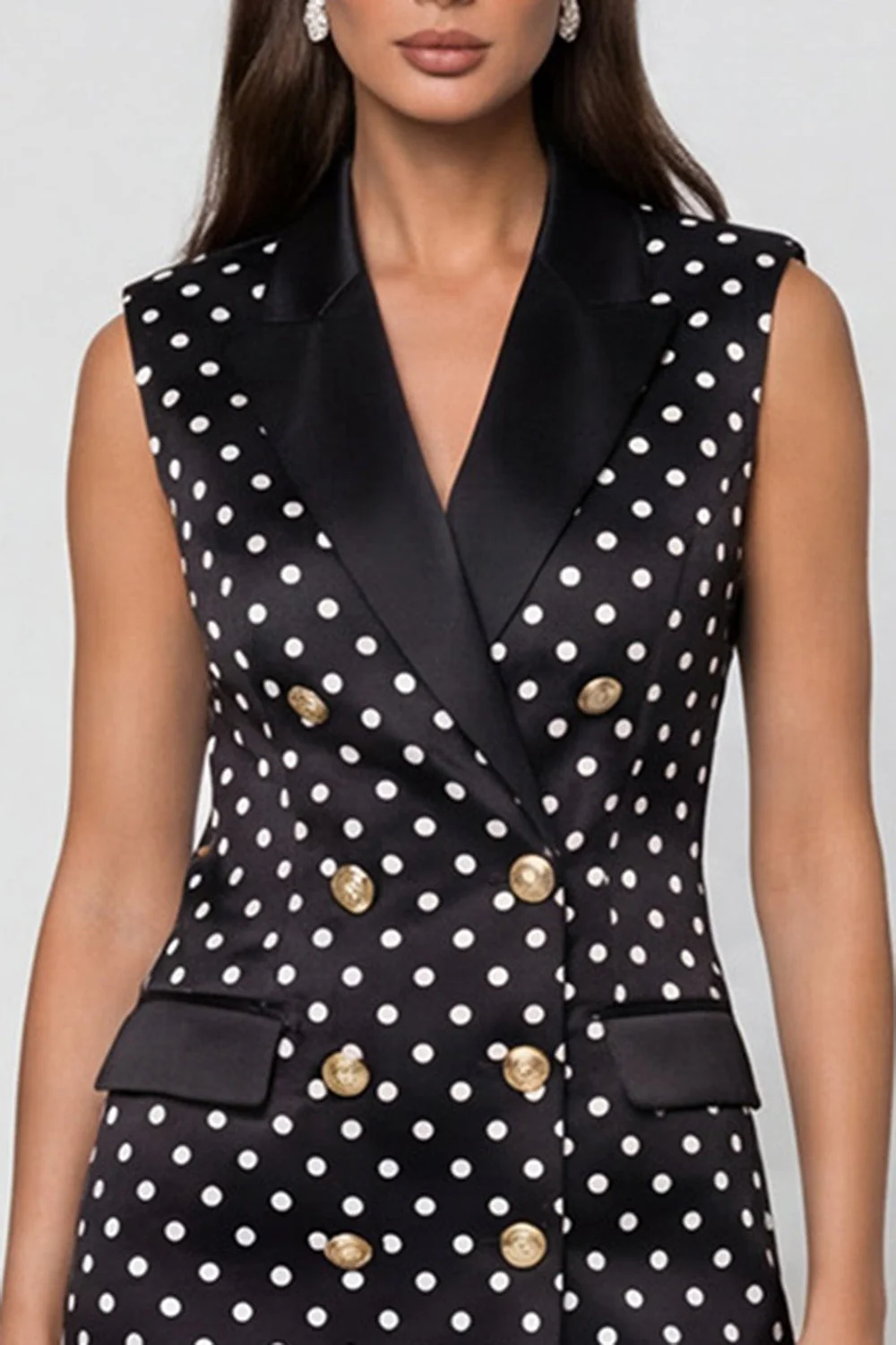 Robe de travail courte à pois à revers à pointes noire - Image 3