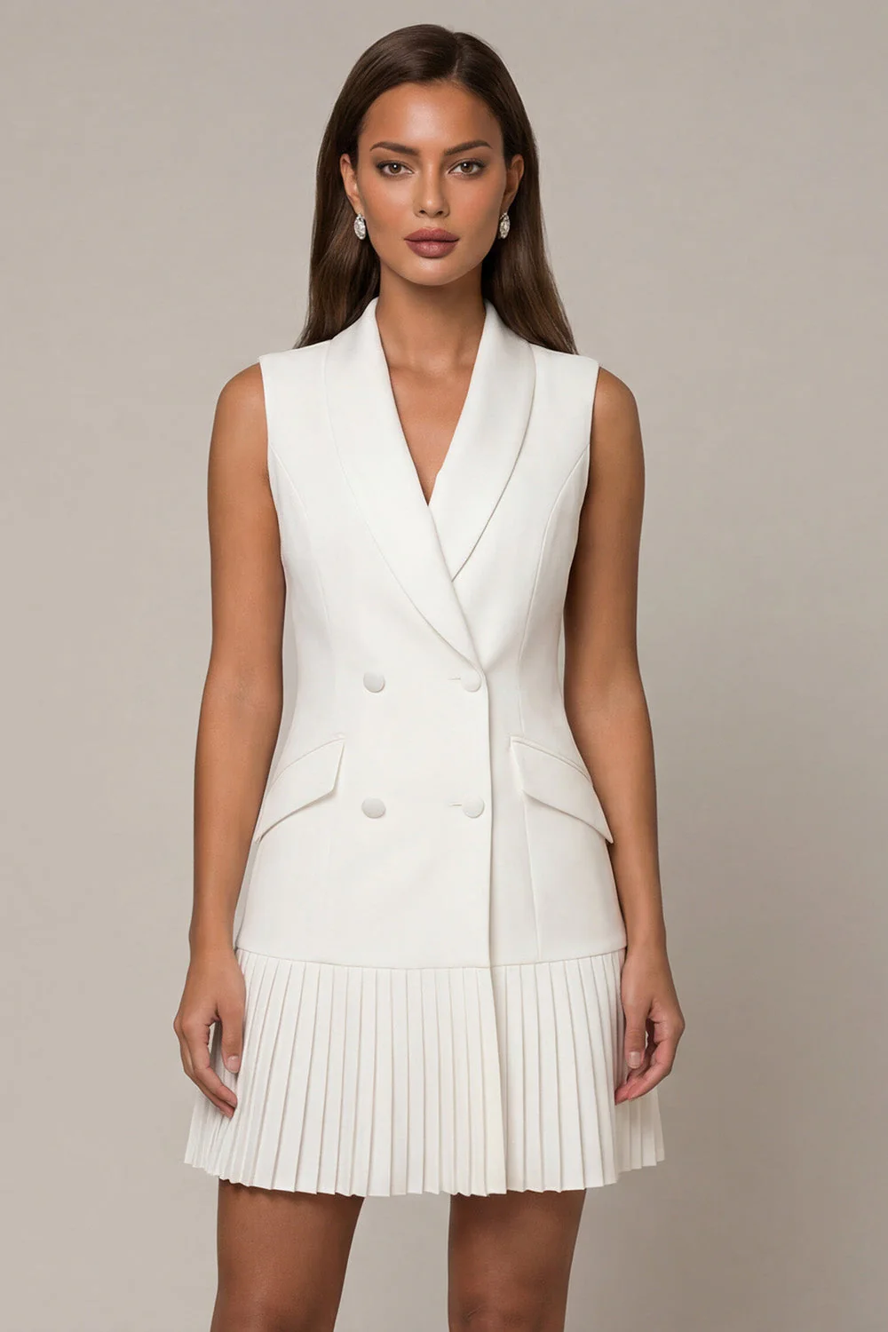 Robe de travail courte à revers châle blanc plissée A
