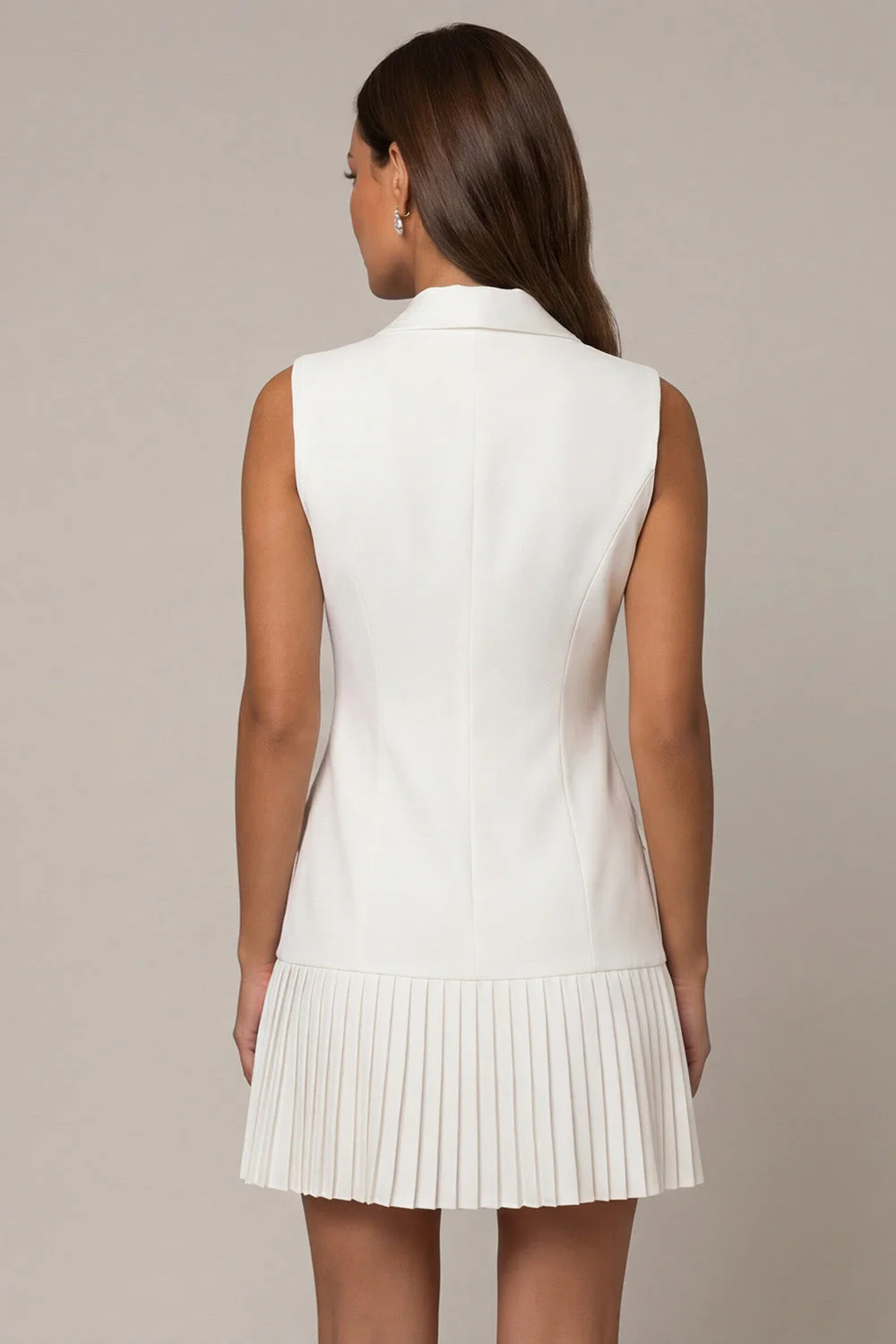 Robe de travail courte à revers châle blanc plissée A - Image 2