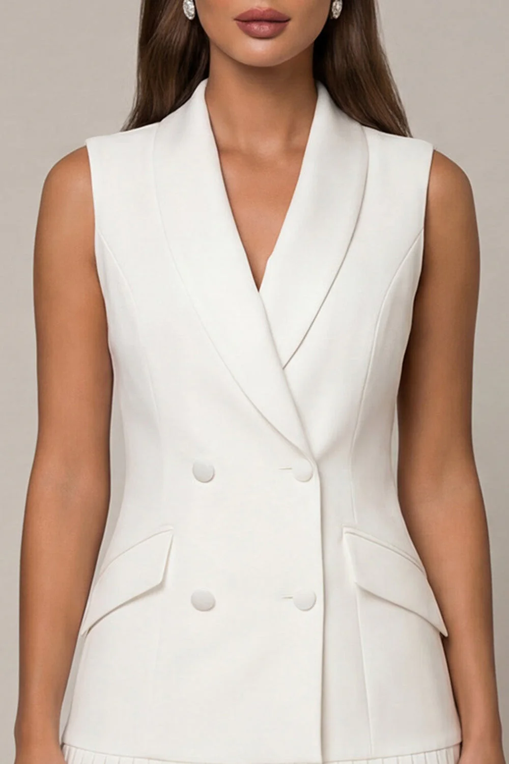 Robe de travail courte à revers châle blanc plissée A - Image 3
