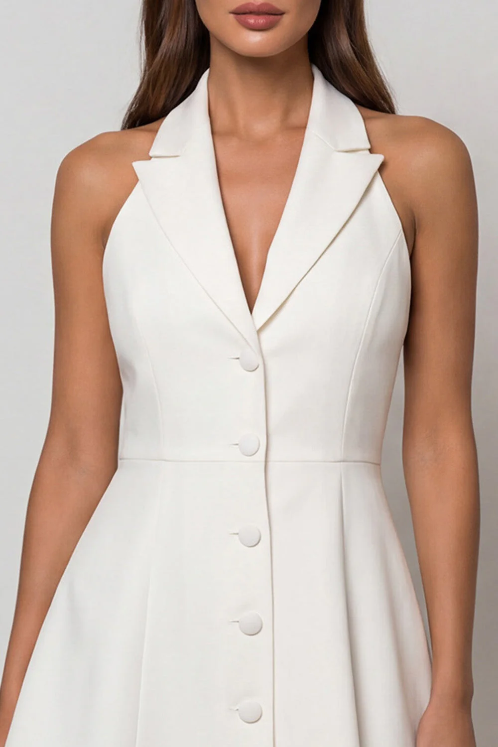 Robe de travail courte blanche à simple boutonnage à ligne A en dos nus - Image 3
