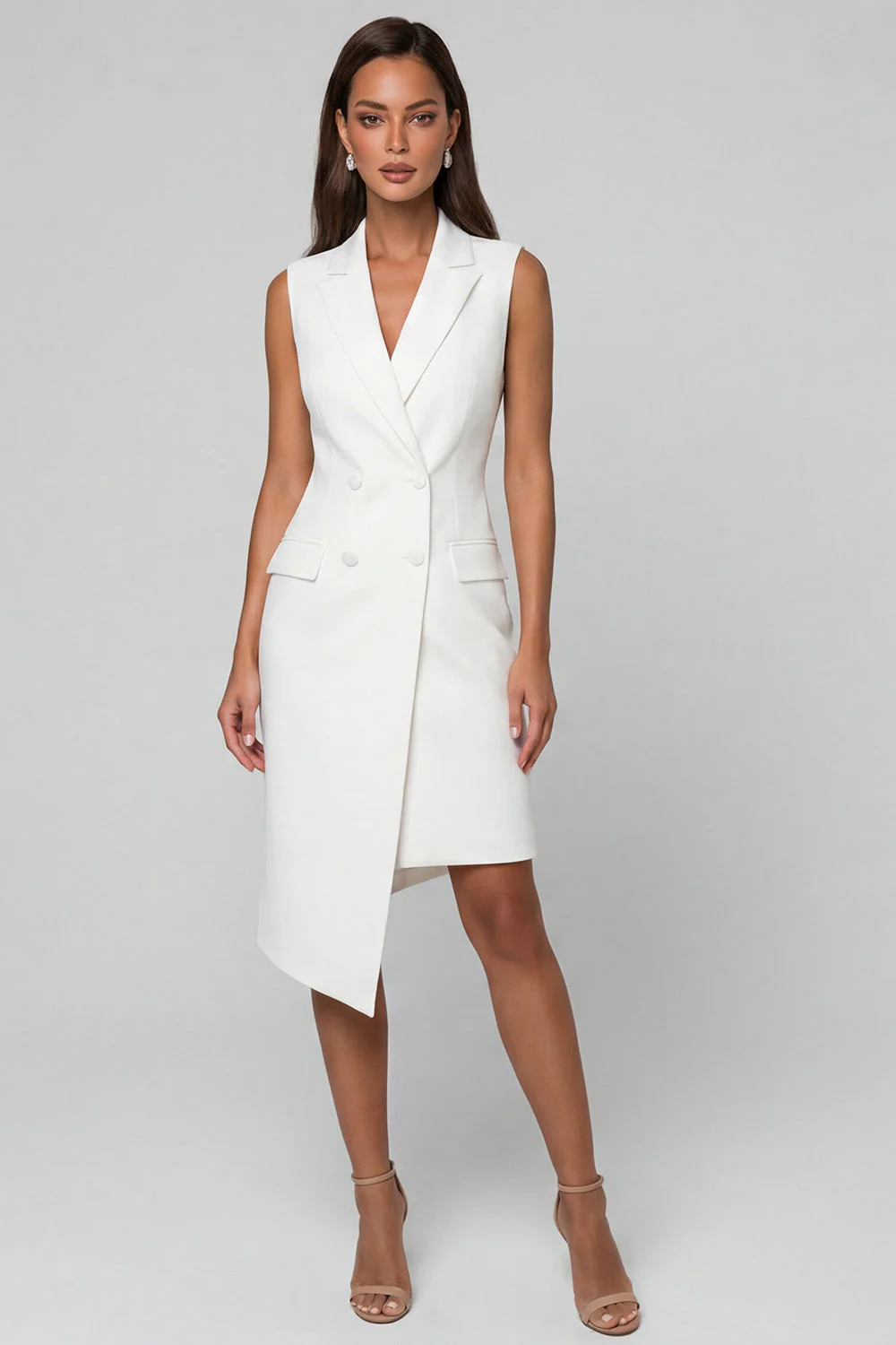 Robe de travail double boutonnage asymétrique à revers blanc