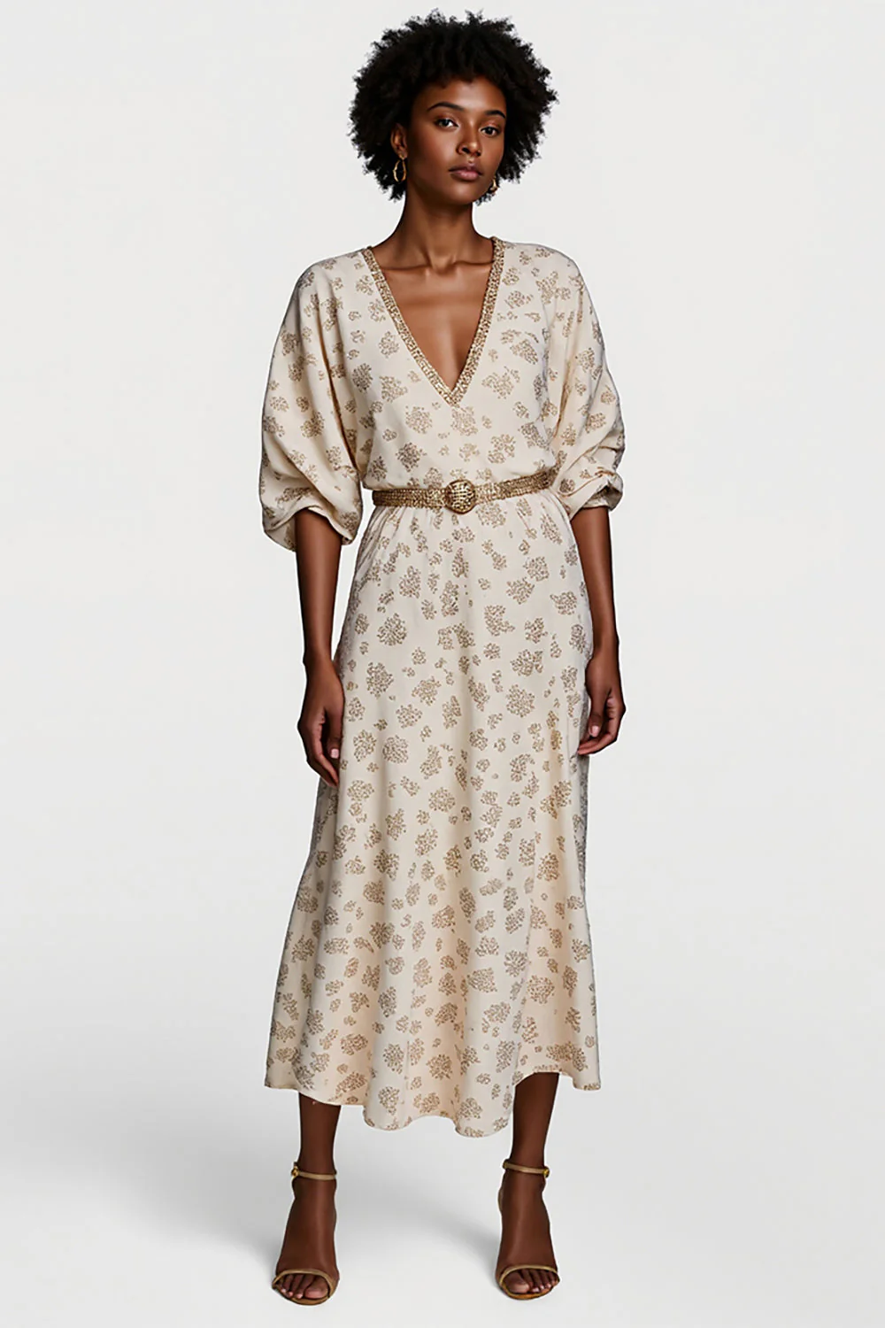 Robe de travail imprimée à demi-manches et col en V abricot avec ceinture