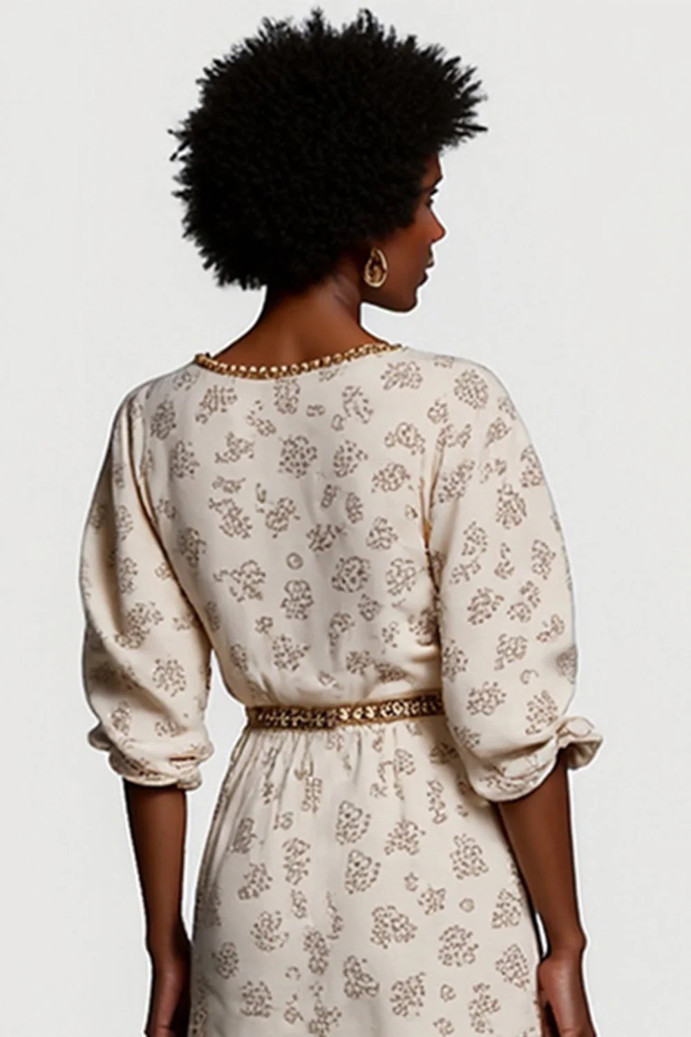 Robe de travail imprimée à demi-manches et col en V abricot avec ceinture - Image 2