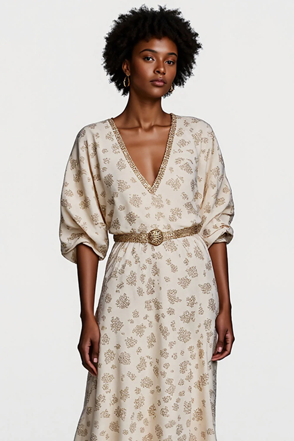 Robe de travail imprimée à demi-manches et col en V abricot avec ceinture - Image 3