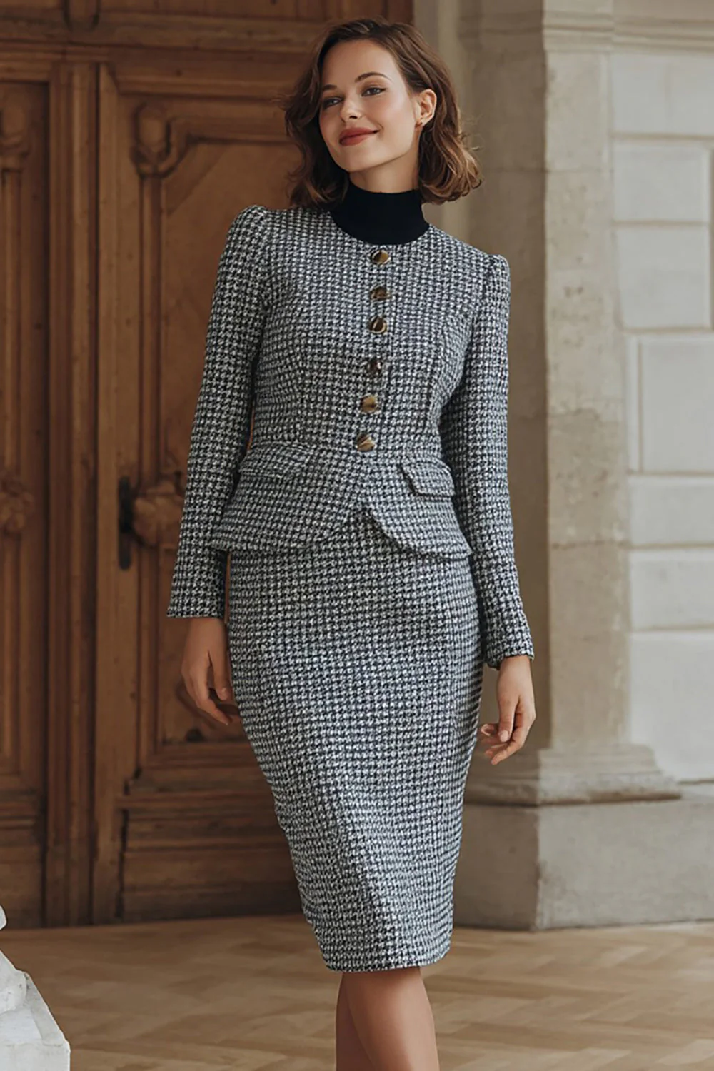 Robe de travail midi 2 pièces en tweed gris