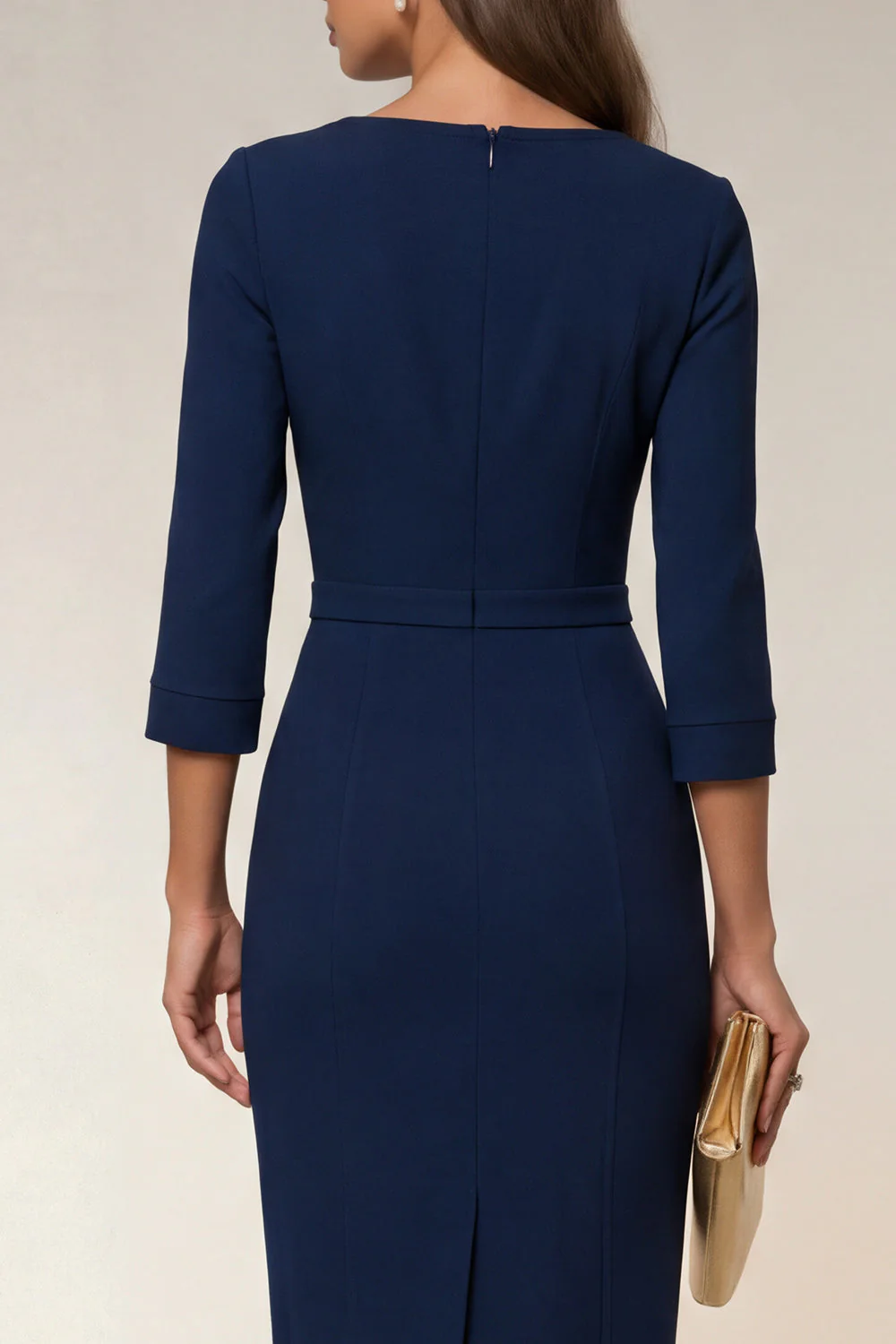Robe de travail midi à col à col à tête marine Bodycon 3/4 manches avec fente - Image 4