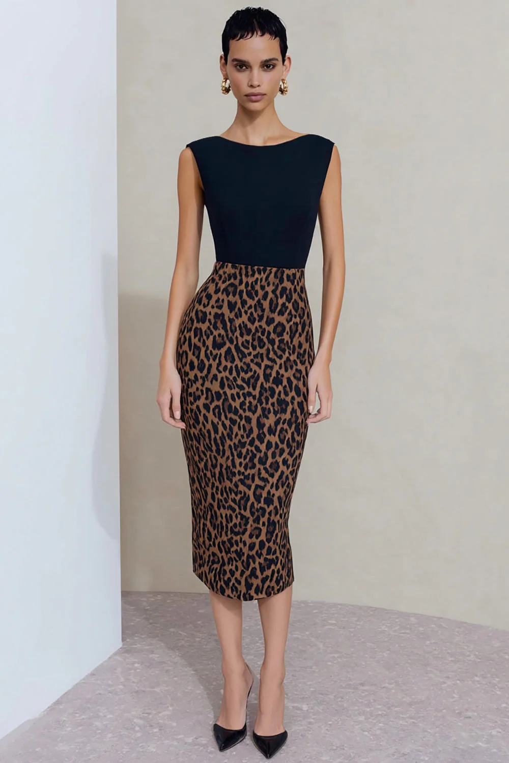 Robe de travail midi à col bateau léopard noir et marron Bodycon, fente