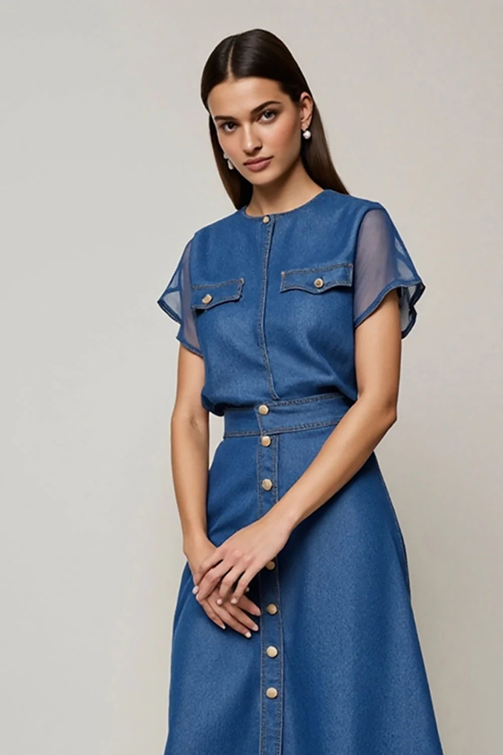 Robe de travail midi à col rond gris bleu avec manches - Image 3