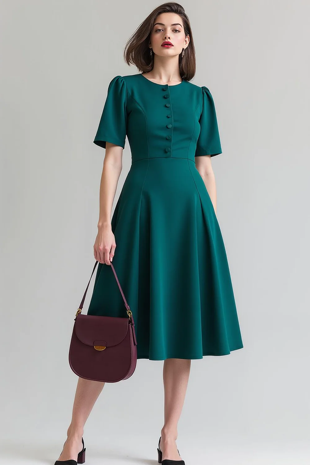 Robe de travail midi à col rond vert foncé à manches courtes