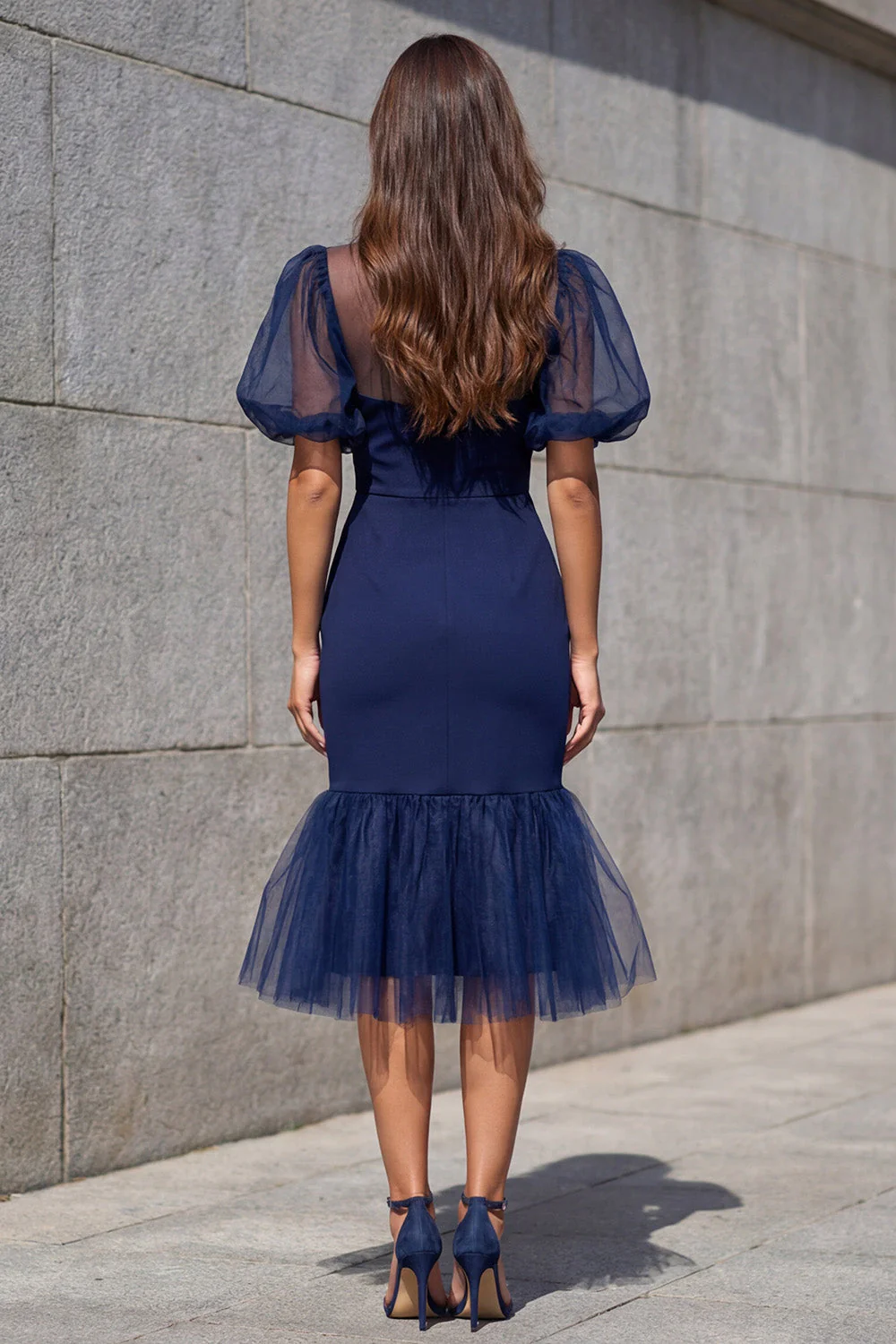 Robe de travail midi à manches bouffantes bleu marine à manches bouffantes en sirène - Image 2