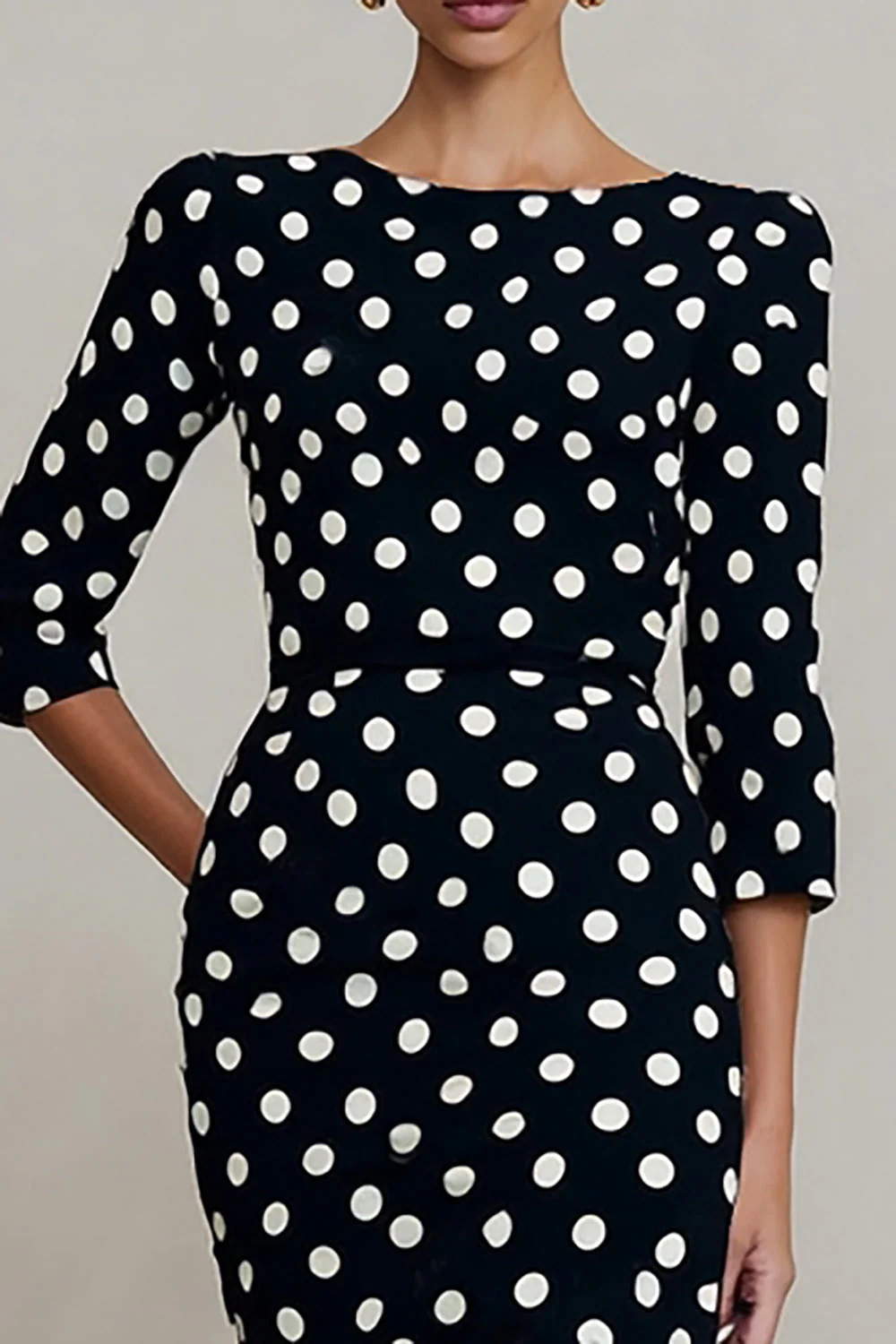 Robe de travail midi à manches noire à pois à pois à étui bateau - Image 3