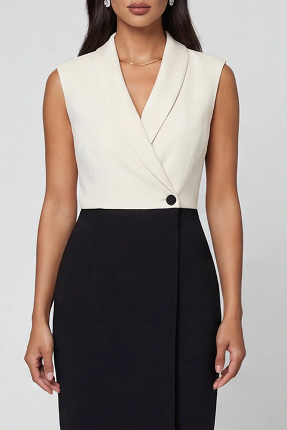 Robe de travail midi à revers en châle noir et blanc - Image 3