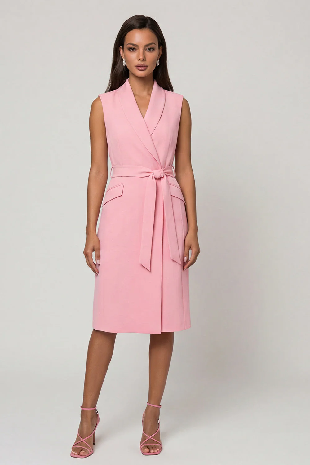 Robe de travail midi à revers en châle rose avec ceinture