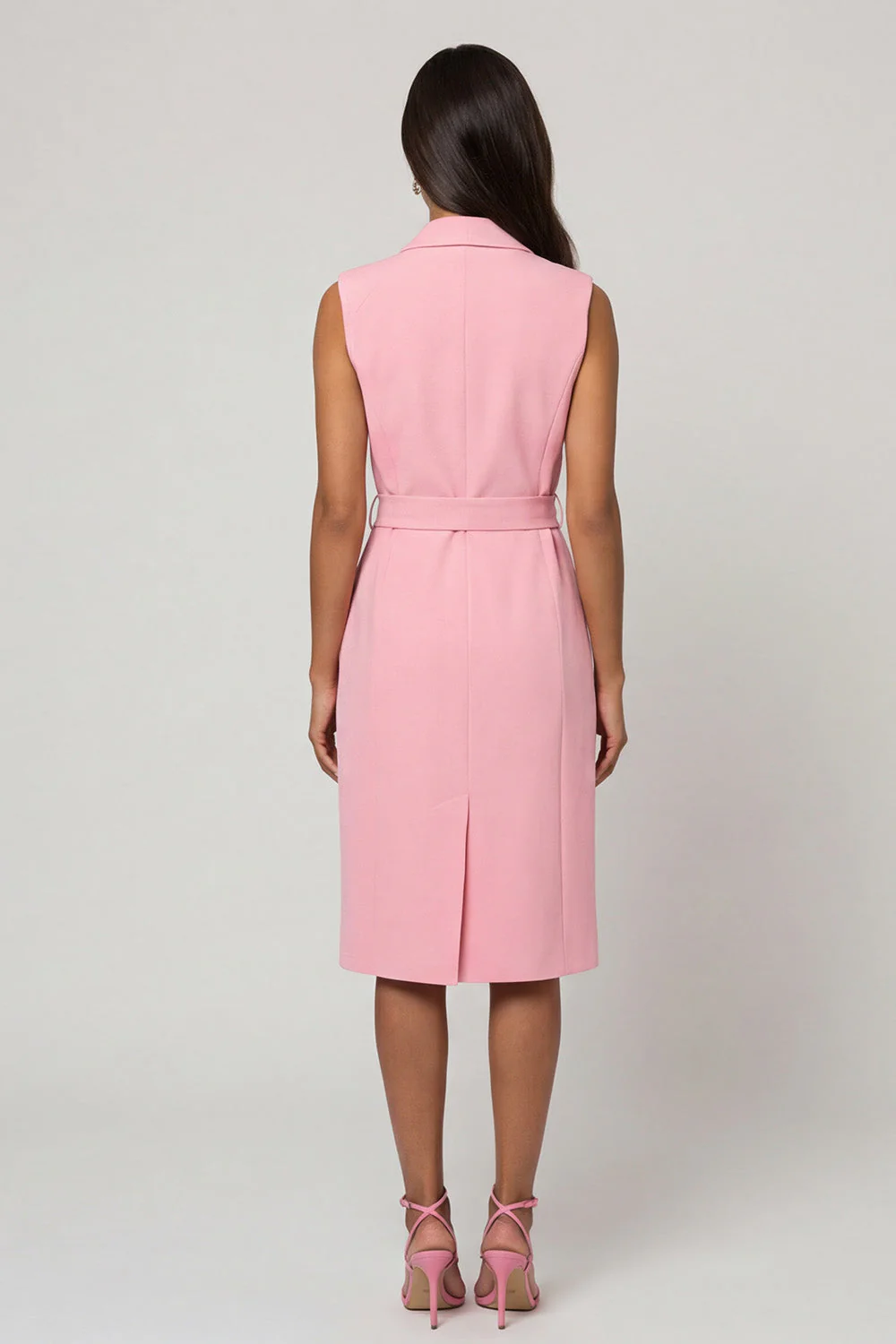 Robe de travail midi à revers en châle rose avec ceinture - Image 2