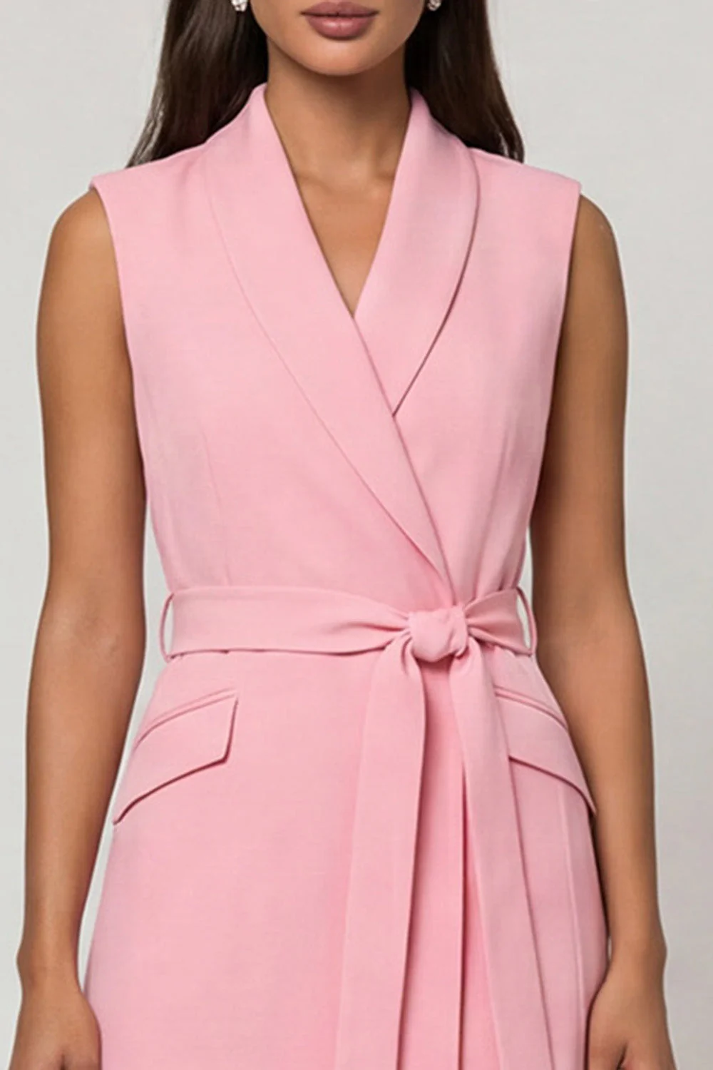 Robe de travail midi à revers en châle rose avec ceinture - Image 3